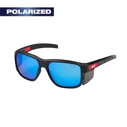 Polarized Full Frame Safety Glasses with Removable Side Shields, featuring blue mirrored dual coat lenses, and black frames.
