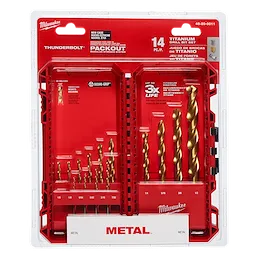 THUNDERBOLT Titanium Drill Bit Set – 14PC includes a variety of metal drill bits in a red plastic case, labeled for sizes.