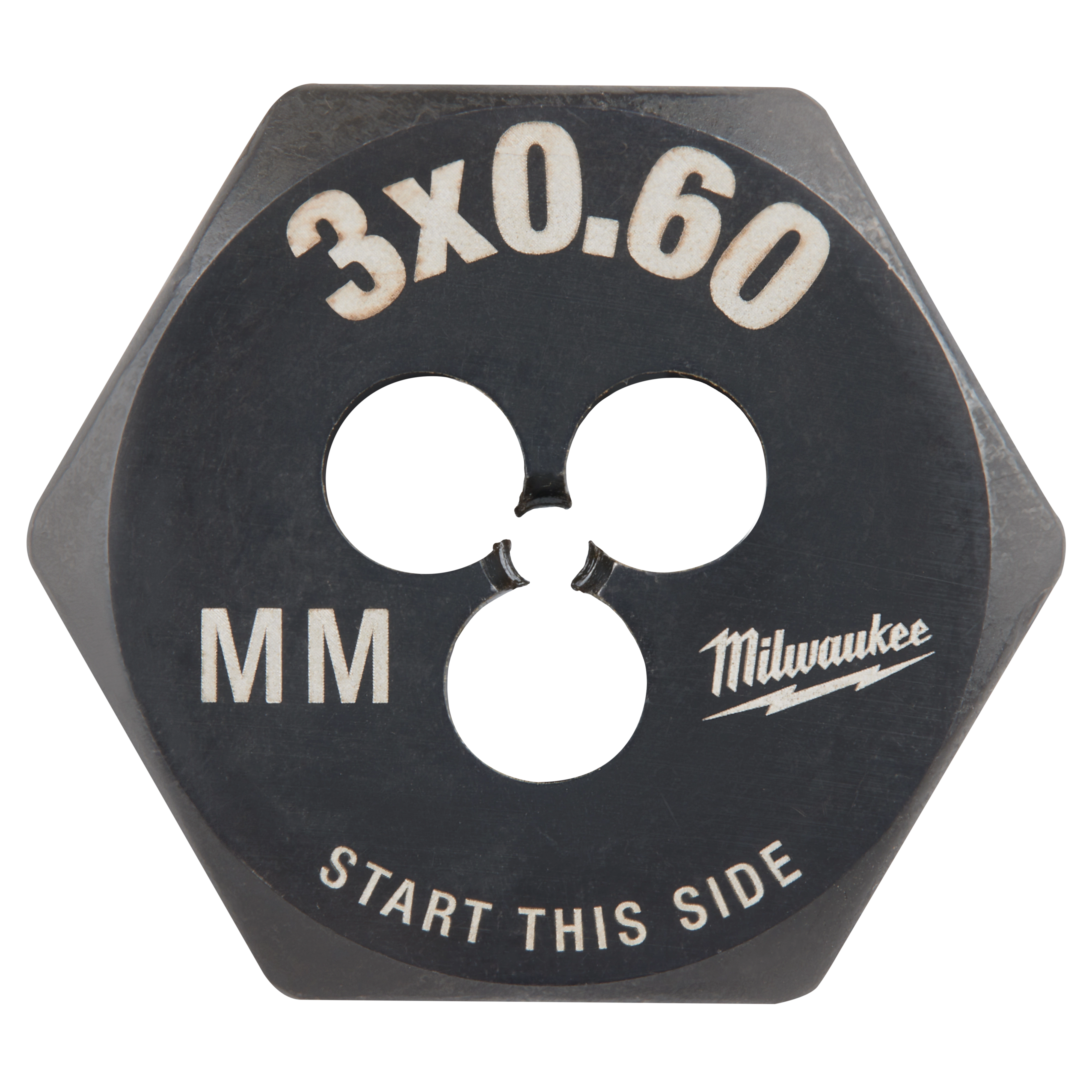 M3-0.60 20mm 1-Inch Hex Die in black with "3x0.60," "MM," "START THIS SIDE," and "Milwaukee" printed on the surface.