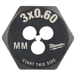 M3-0.60 20mm 1-Inch Hex Die in black with "3x0.60," "MM," "START THIS SIDE," and "Milwaukee" printed on the surface.