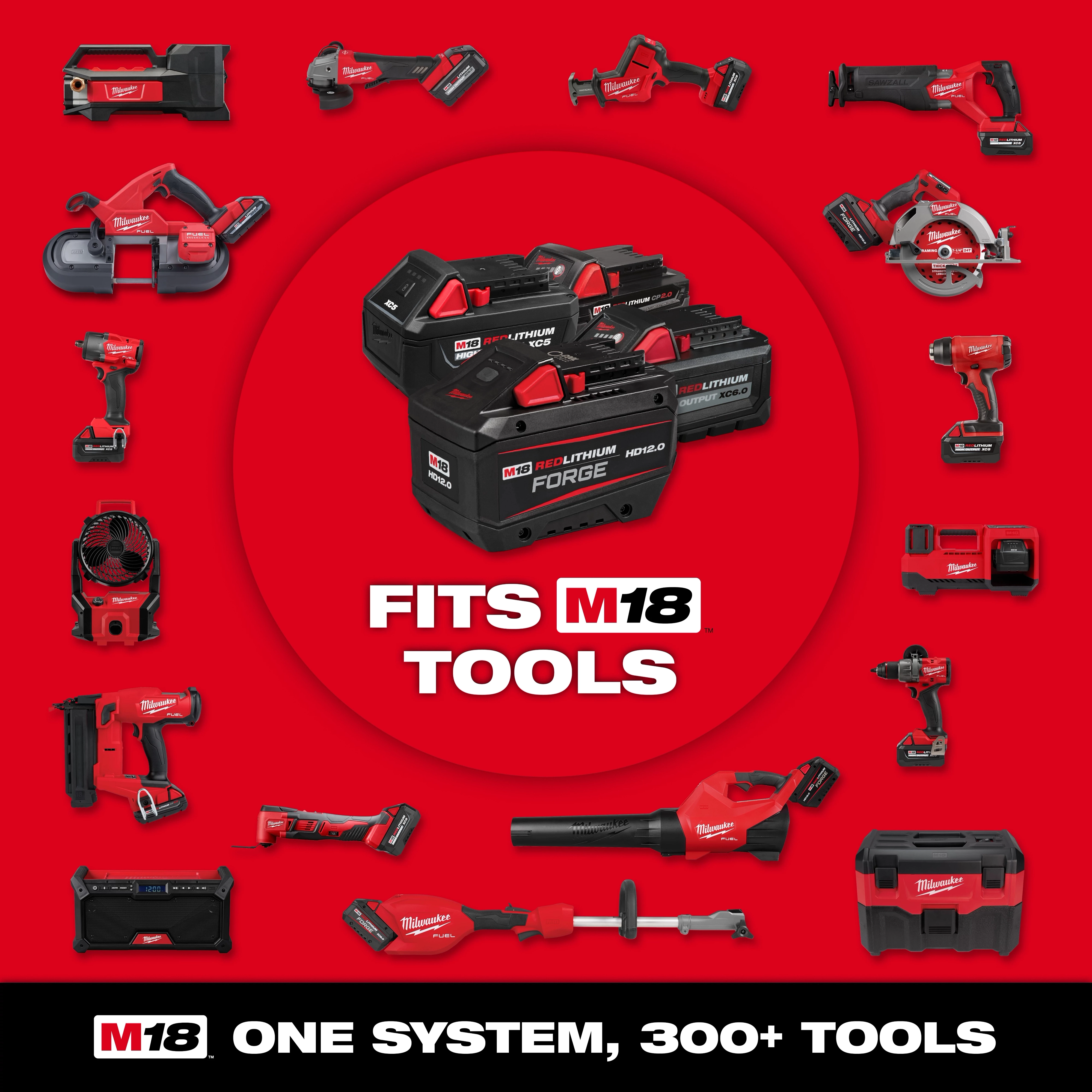 M18 REDLITHIUM HIGH OUTPUT XC5 Battery Pack and Starter Kit centered among various M18 power tools on a red background