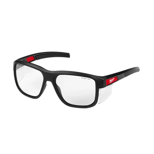Full Frame Safety Glasses with Removable Side Shields – Clear Anti-Scratch Lenses feature a black frame with red accents and clear lenses. They include detachable side shields for additional protection and anti-scratch coating for durability.