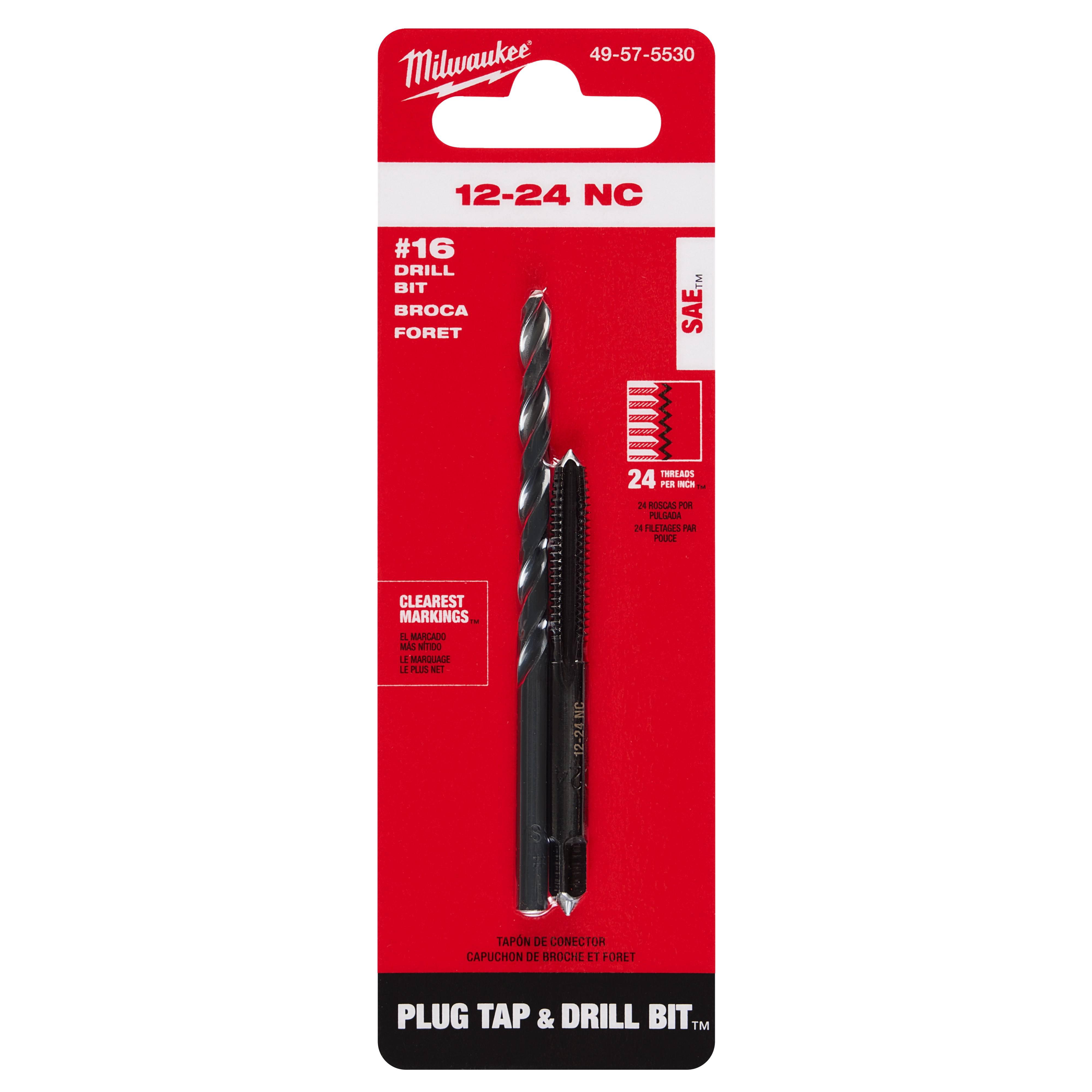 The image is of a 12-24 Straight Flute Plug Tap & #16 Drill Bit set, displayed in red and black packaging.