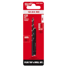 The image is of a 12-24 Straight Flute Plug Tap & #16 Drill Bit set, displayed in red and black packaging.