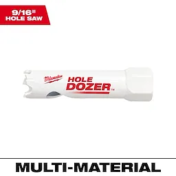 9/16" Hole Dozer Bi-Metal Hole Saw designed for cutting multiple materials. White body with red text and logo on side.