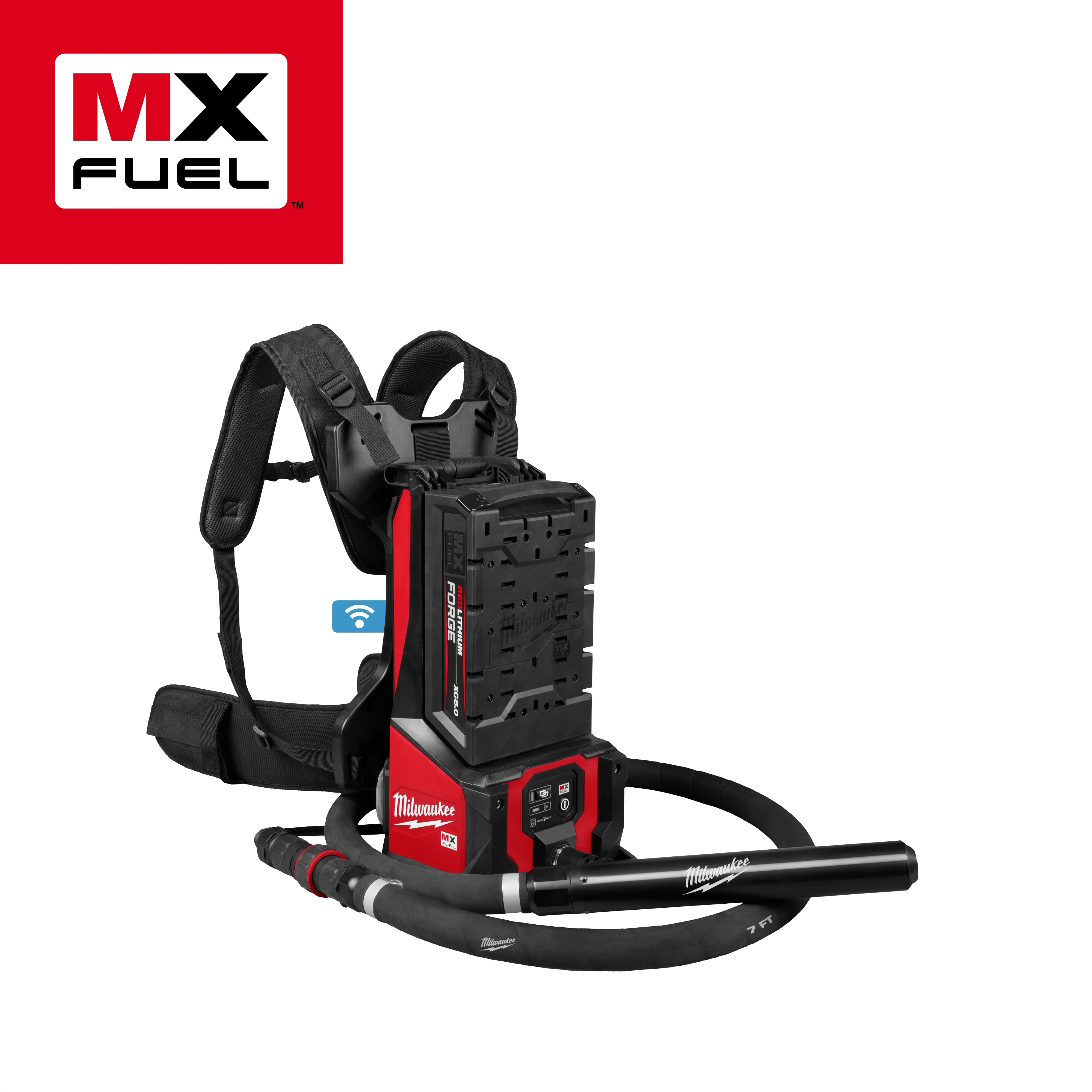 The MX FUEL™ Backpack High Cycle Concrete Vibrator Kit w/ 7' Whip / 1.75" Head by Milwaukee features a red and black backpack frame, equipped with a control unit and a flexible whip for concrete vibration. The brand's logo is visible on the equipment.