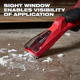 AIR-TIP Debris Scraper in use, scraping broken material from a surface. Text reads "SIGHT WINDOW ENABLES VISIBILITY OF APPLICATION."