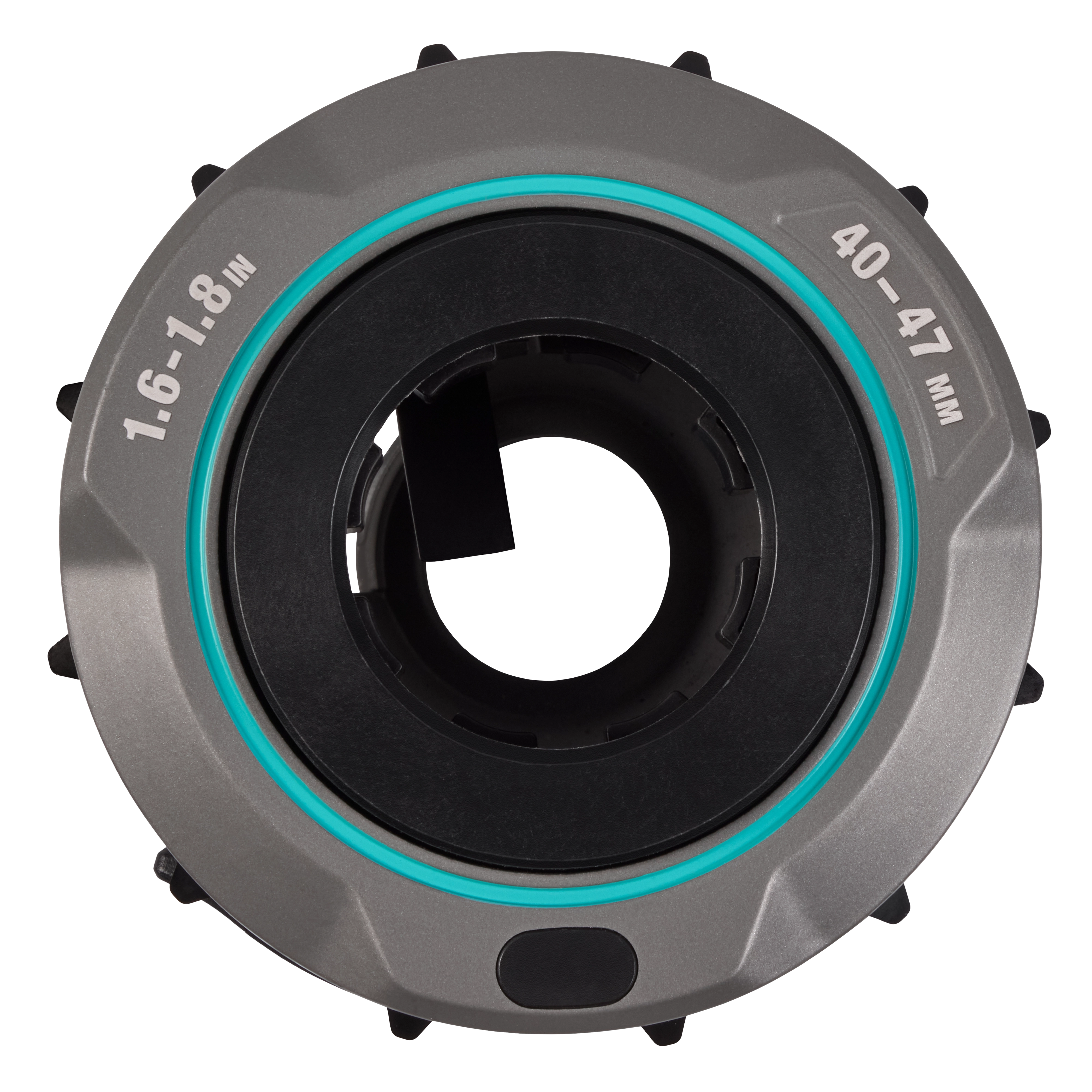 The 1.6" - 1.8" Adjustable Bushing for M18 FUEL™ Covered Conductor Cable Stripper is a silver and black circular tool with teal accents and size markings. It is designed for stripping conductor cables efficiently.