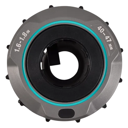 The 1.6" - 1.8" Adjustable Bushing for M18 FUEL™ Covered Conductor Cable Stripper is a silver and black circular tool with teal accents and size markings. It is designed for stripping conductor cables efficiently.