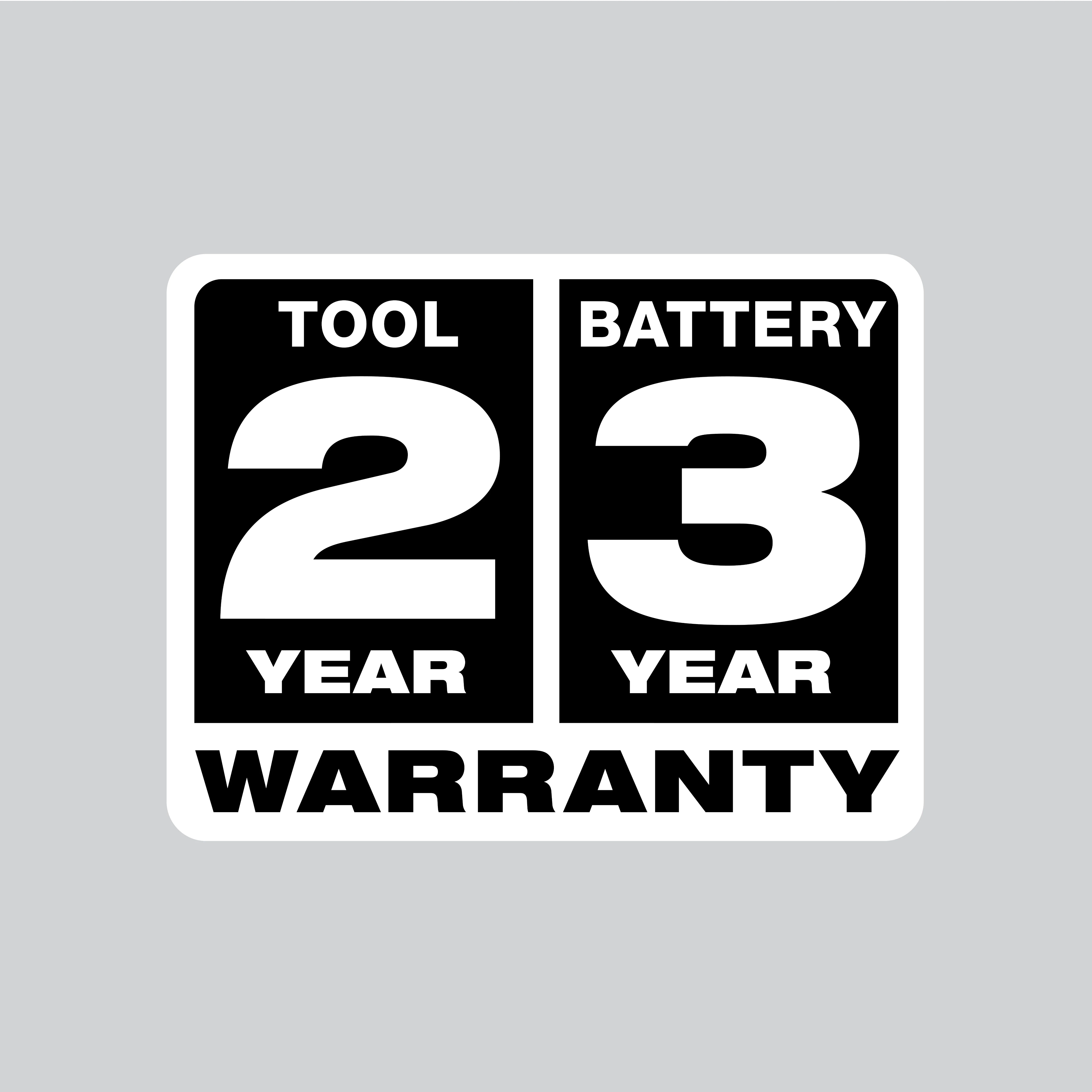 2 Year Tool & 3 Year Battery Warranty logo in black and white, displaying the text inside a rectangular box.