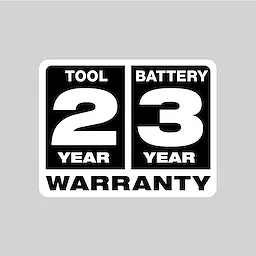 2 Year Tool & 3 Year Battery Warranty logo in black and white, displaying the text inside a rectangular box.
