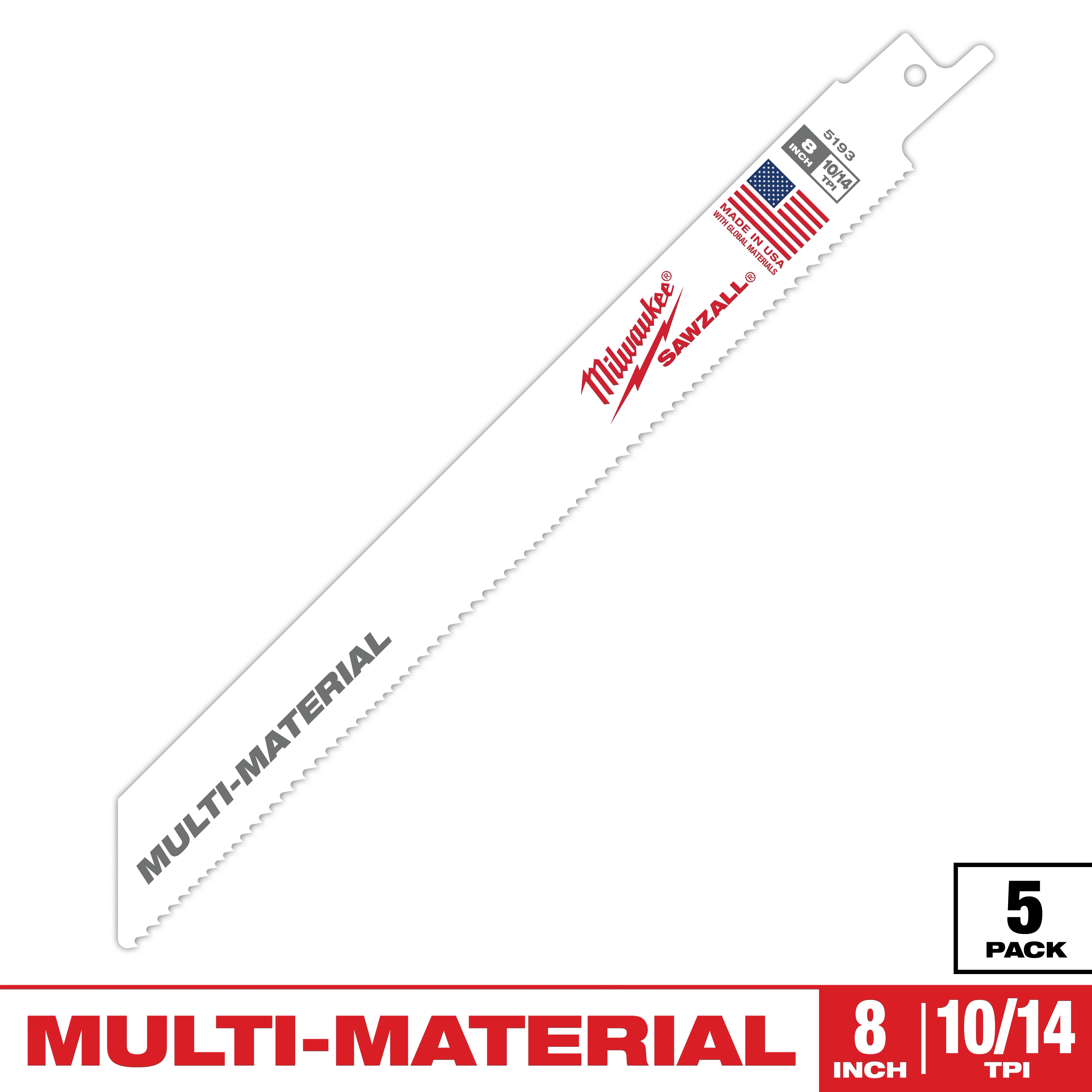Milwaukee Sawzall multi-material blade measures 8 inches, features 10/14 teeth-per-inch, and is suitable for cutting various materials. The blade is white with red Milwaukee branding and contains the American flag and product details. This product comes in a pack of five.
