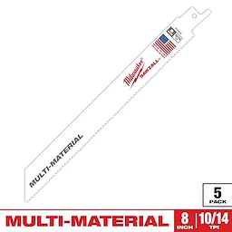 Milwaukee Sawzall multi-material blade measures 8 inches, features 10/14 teeth-per-inch, and is suitable for cutting various materials. The blade is white with red Milwaukee branding and contains the American flag and product details. This product comes in a pack of five.
