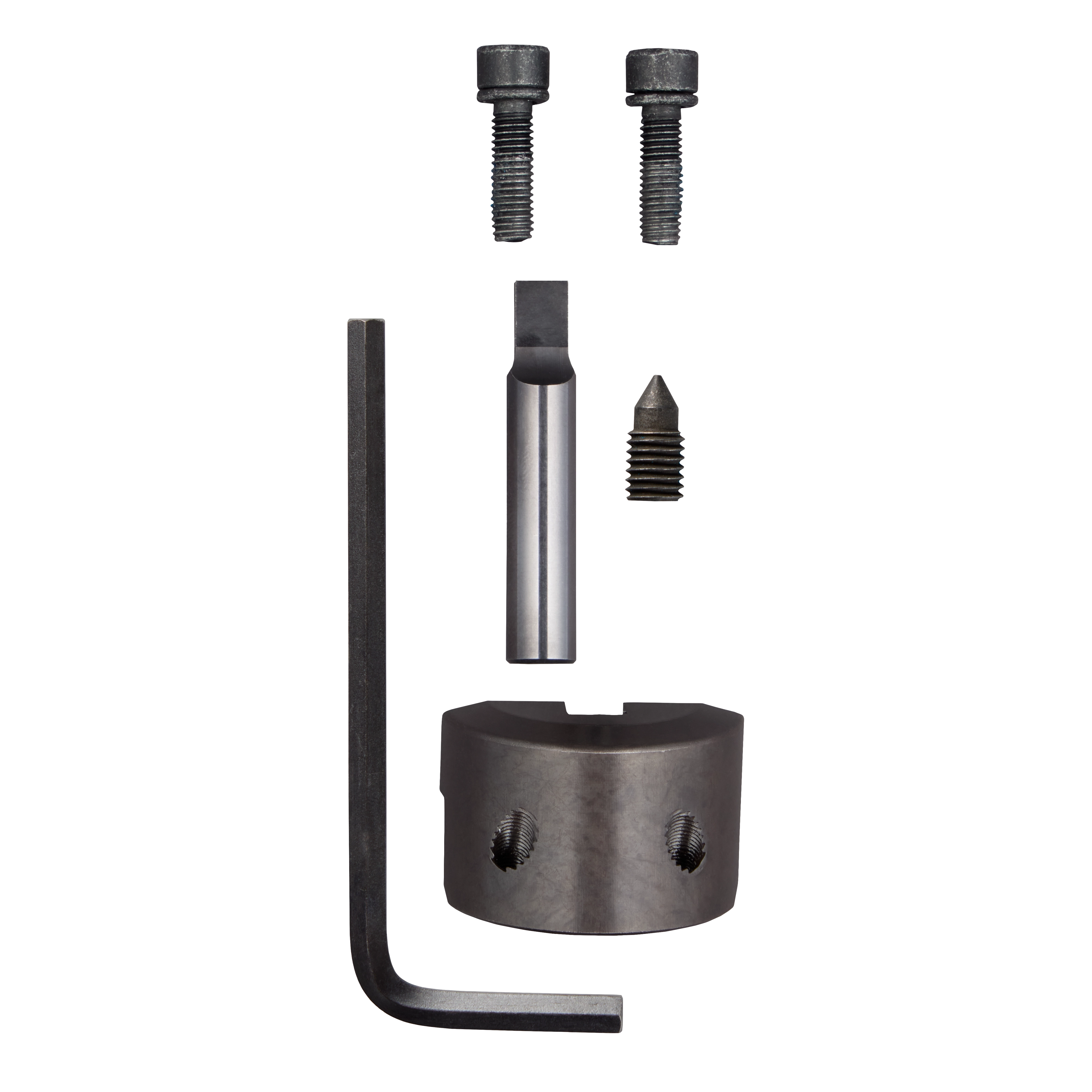 M18 FUEL™ 10Ga Nibbler Punch & Die Set includes various metalworking components, such as a punch, die, hex key, and screws, arranged against a white background.