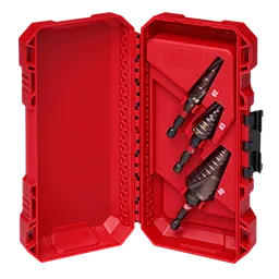 Three black step drill bits labeled #2, #3, #8 inside. Product name: SHOCKWAVE Impact Duty MECHANICAL KIT.