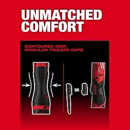 M12 FUEL Ratchet features unmatched comfort with a contoured grip and modular trigger caps. The image emphasizes the ergonomic design and customizable trigger options, enhancing user control and comfort.