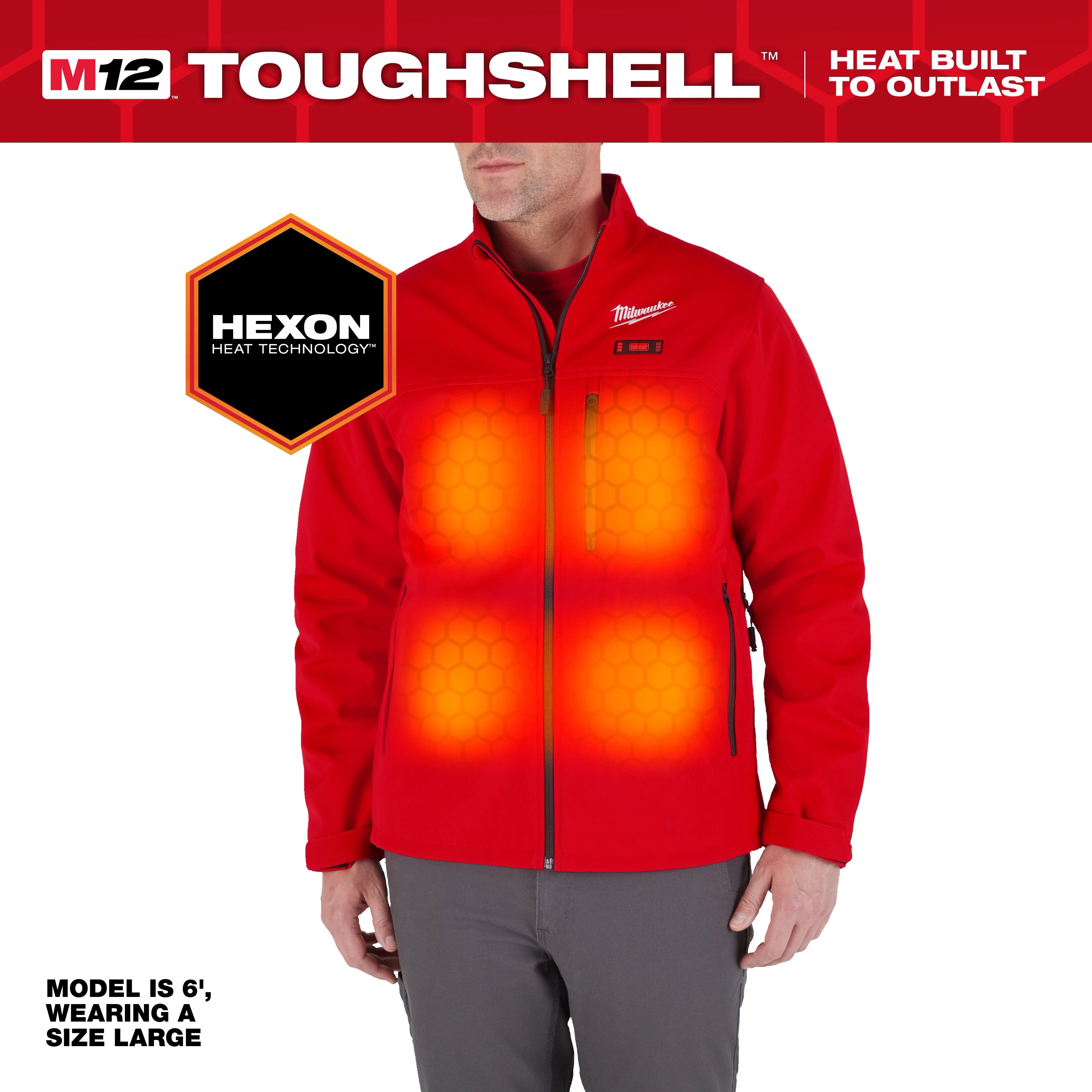 M12 Heated TOUGHSHELL Jacket in red with HEXON heat technology, model shown is 6' tall, wearing size large. 
