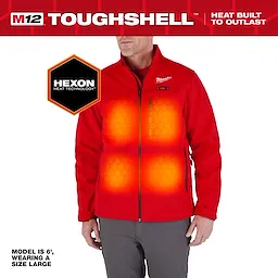 M12 Heated TOUGHSHELL Jacket in red with HEXON heat technology, model shown is 6' tall, wearing size large. 