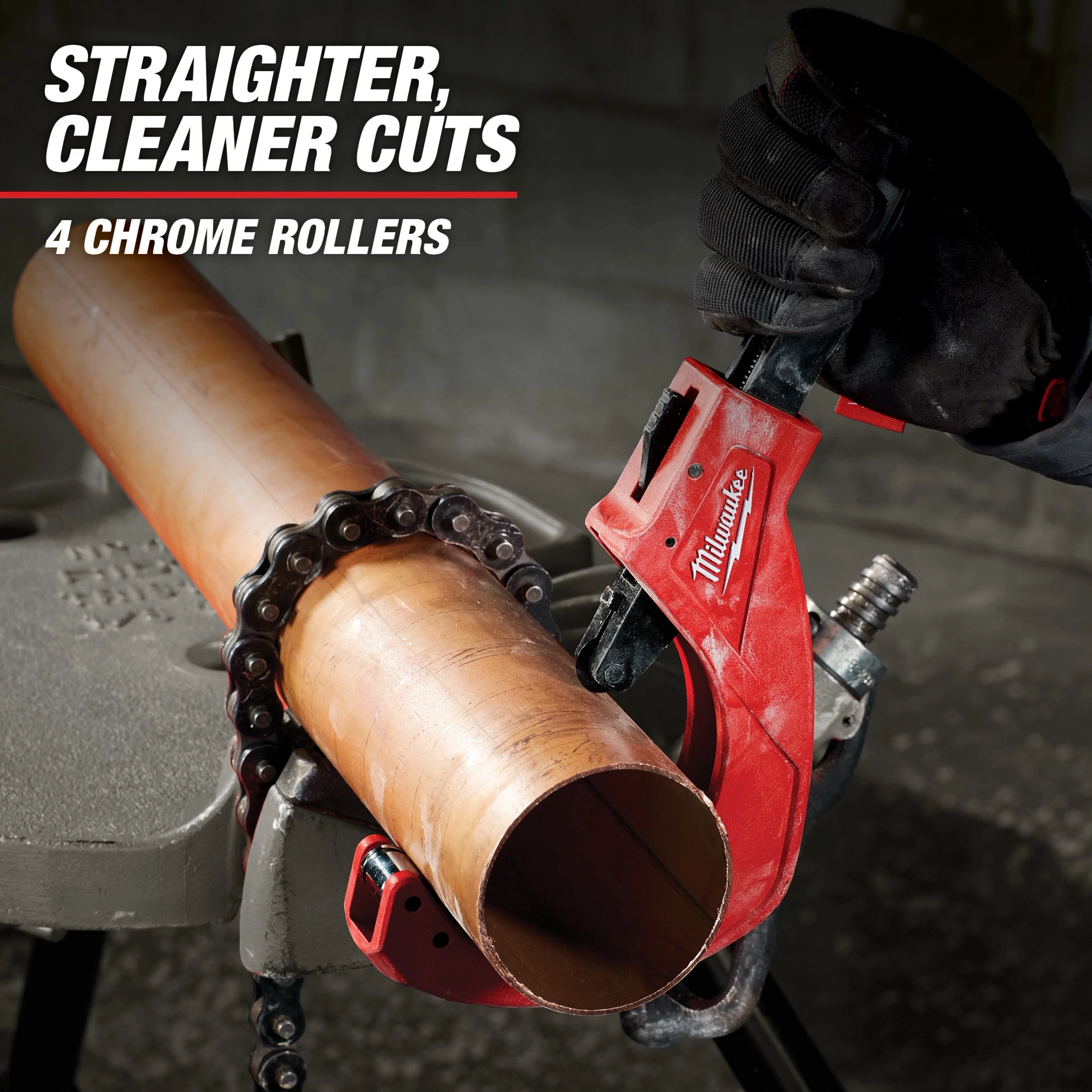 A Milwaukee pipe cutter is shown slicing through a copper pipe, secured with four chrome rollers. The text on the image highlights the product's ability to make straighter, cleaner cuts. The product is being used by someone wearing work gloves.