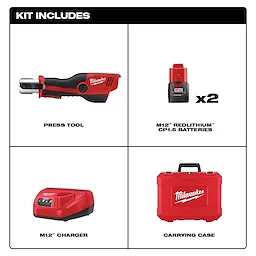 M12 FORCE LOGIC Press Tool kit includes a press tool, two M12 REDLITHIUM CP1.5 batteries, an M12 charger, and a carrying case.