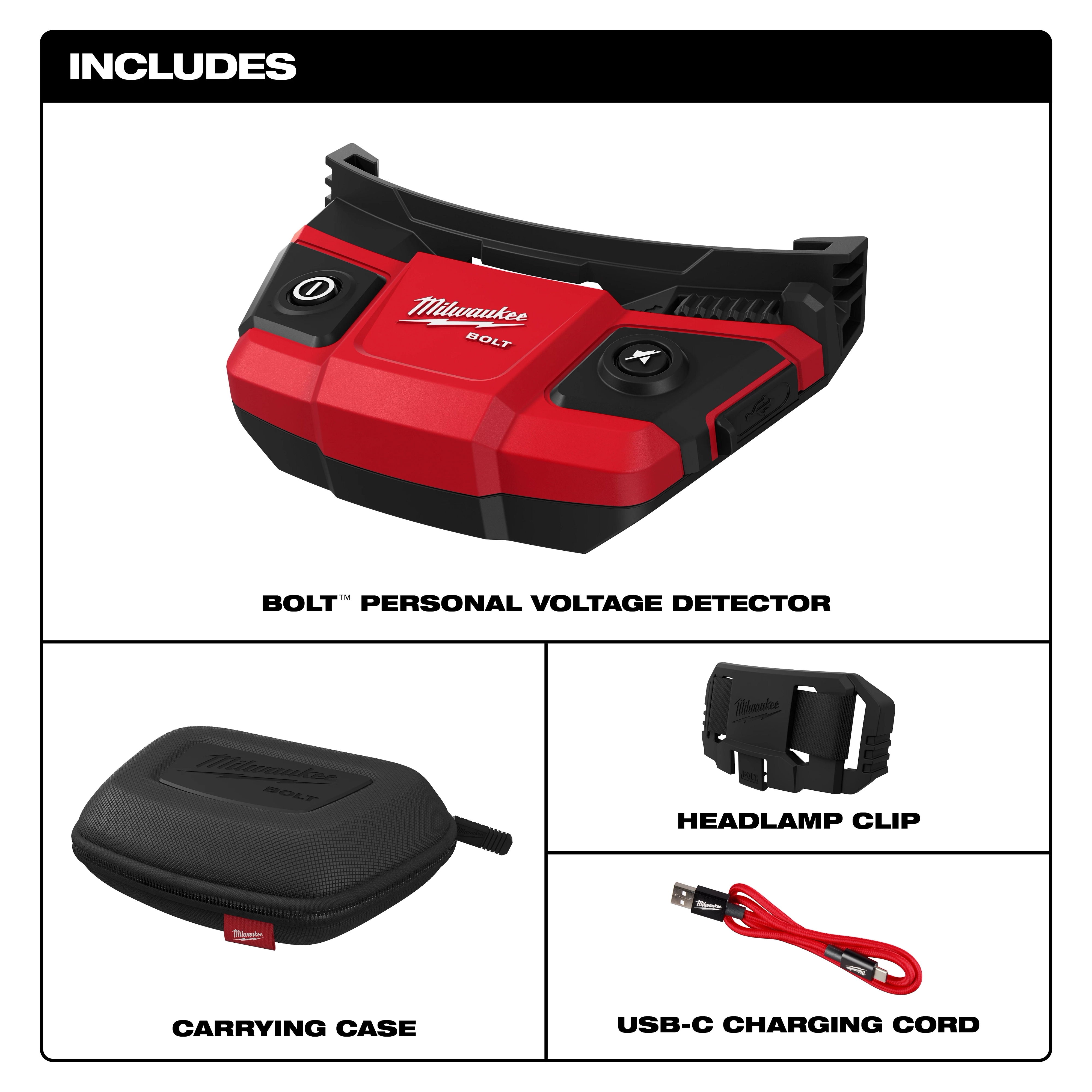 BOLT Personal Voltage Detector with headlamp clip, carrying case, and USB-C charging cord displayed on a white background.