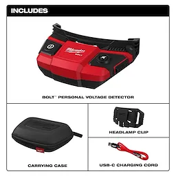BOLT Personal Voltage Detector with headlamp clip, carrying case, and USB-C charging cord displayed on a white background.