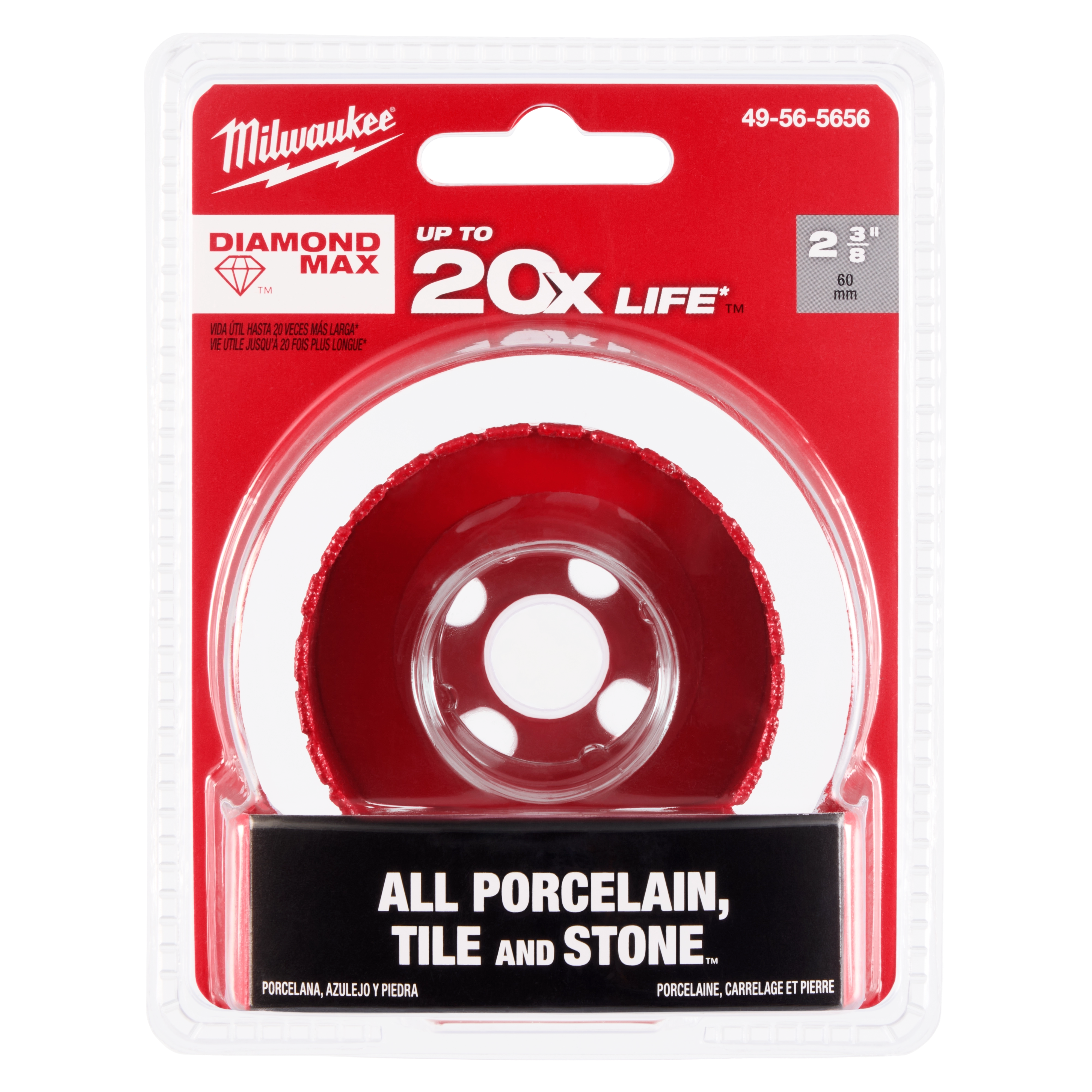 Milwaukee 2-3/8" Diamond Max Hole Saw in packaging, designed for cutting through porcelain, tile, and stone, with up to 20x life span.