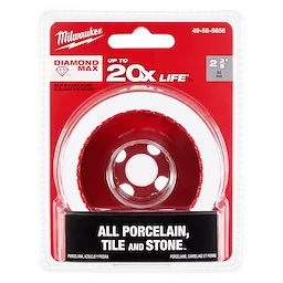 Milwaukee 2-3/8" Diamond Max Hole Saw in packaging, designed for cutting through porcelain, tile, and stone, with up to 20x life span.