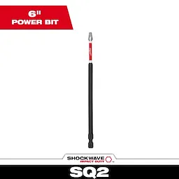 Image of the SHOCKWAVE™ 6” Impact Duty Square Recess #2 Power Bit. The long, slender tool has a black shaft and a red section near the tip. The top left corner reads "6” Power Bit." At the bottom, the SHOCKWAVE™ branding and "SQ2" are visible.