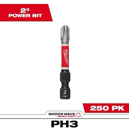 Image of the SHOCKWAVE™ 2" Power Bit PHILLIPS #3 Bulk 250. The bit is silver with a red and black handle, marked "PH 3" and the brand "Milwaukee" in white text. Packaging indicates 250 pieces.