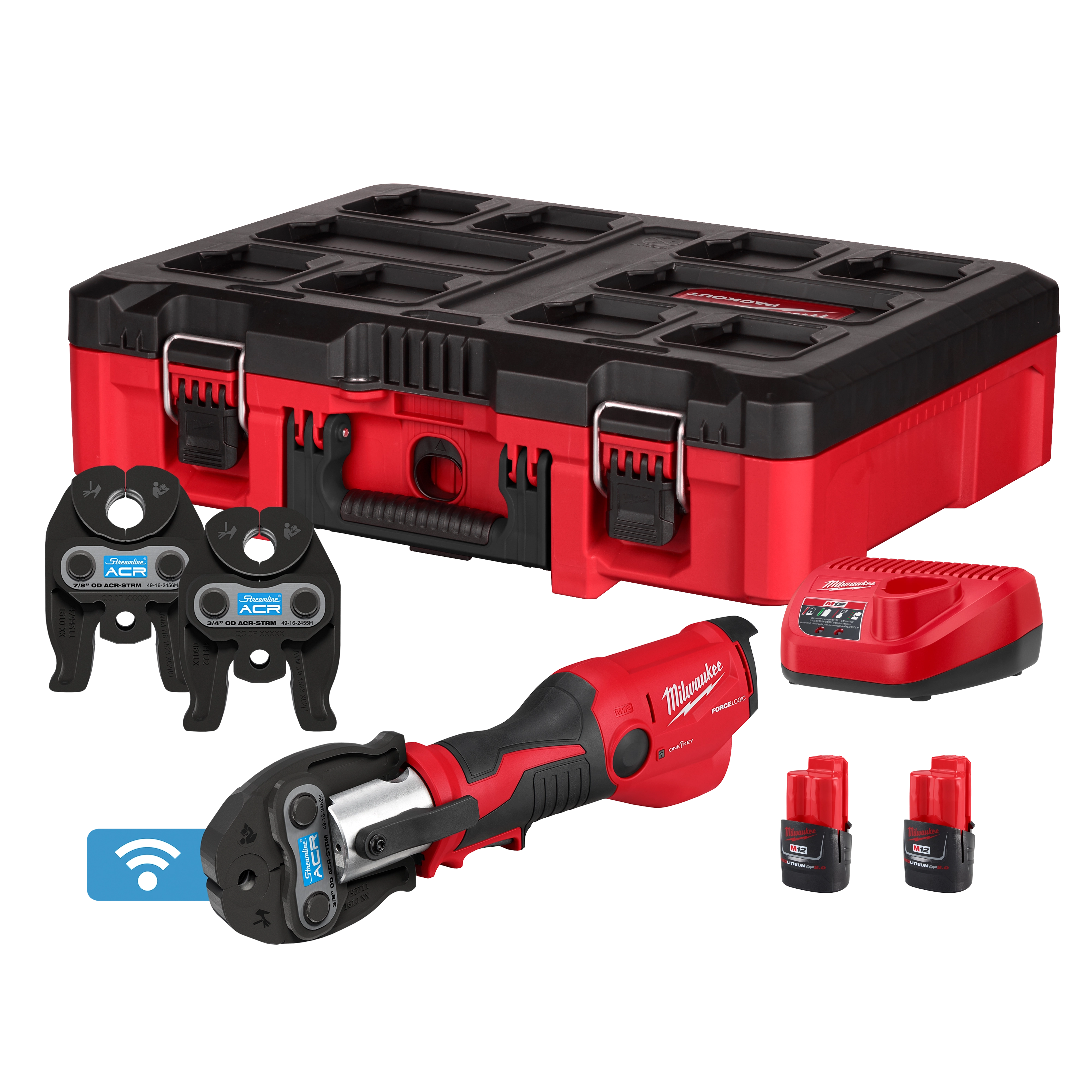 M12 FORCE LOGIC PRESS TOOL KIT w/ ONE KEY with 3/8", 3/4", 7/8" Streamline ACR Press Jaws, case, charger, and batteries.