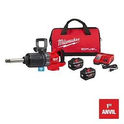 Milwaukee M18 FUEL™ 1" D-Handle Ext. Anvil High Torque Impact Wrench w/ ONE-KEY™. The set includes the impact wrench, two batteries, a charger, and a red carrying case with "Milwaukee" branding. A symbol shows Wi-Fi connectivity. "1" Anvil" text is displayed in the lower right corner.