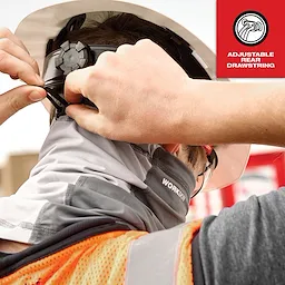 A person adjusts the rear drawstring of a WORKSKIN Performance Neck Gaiter, which is gray and worn under a hard hat.