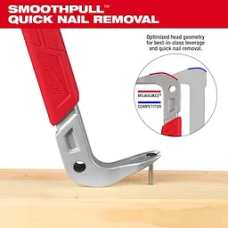 The 16" Molding Puller features optimized head geometry for superior leverage and quick nail removal. The tool, shown in use pulling a nail from wood, has a red grip and a silver head. A comparison inset highlights the differences in leverage between this product and a competitor's.