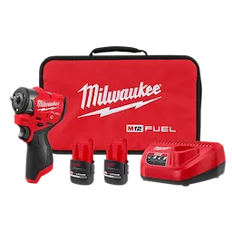 The image shows the M12 FUEL™ 3/8" Subcompact Impact Wrench with Friction Ring Kit by Milwaukee. It includes a red impact wrench, two red lithium batteries, a charger, and a red carrying case with the Milwaukee logo.