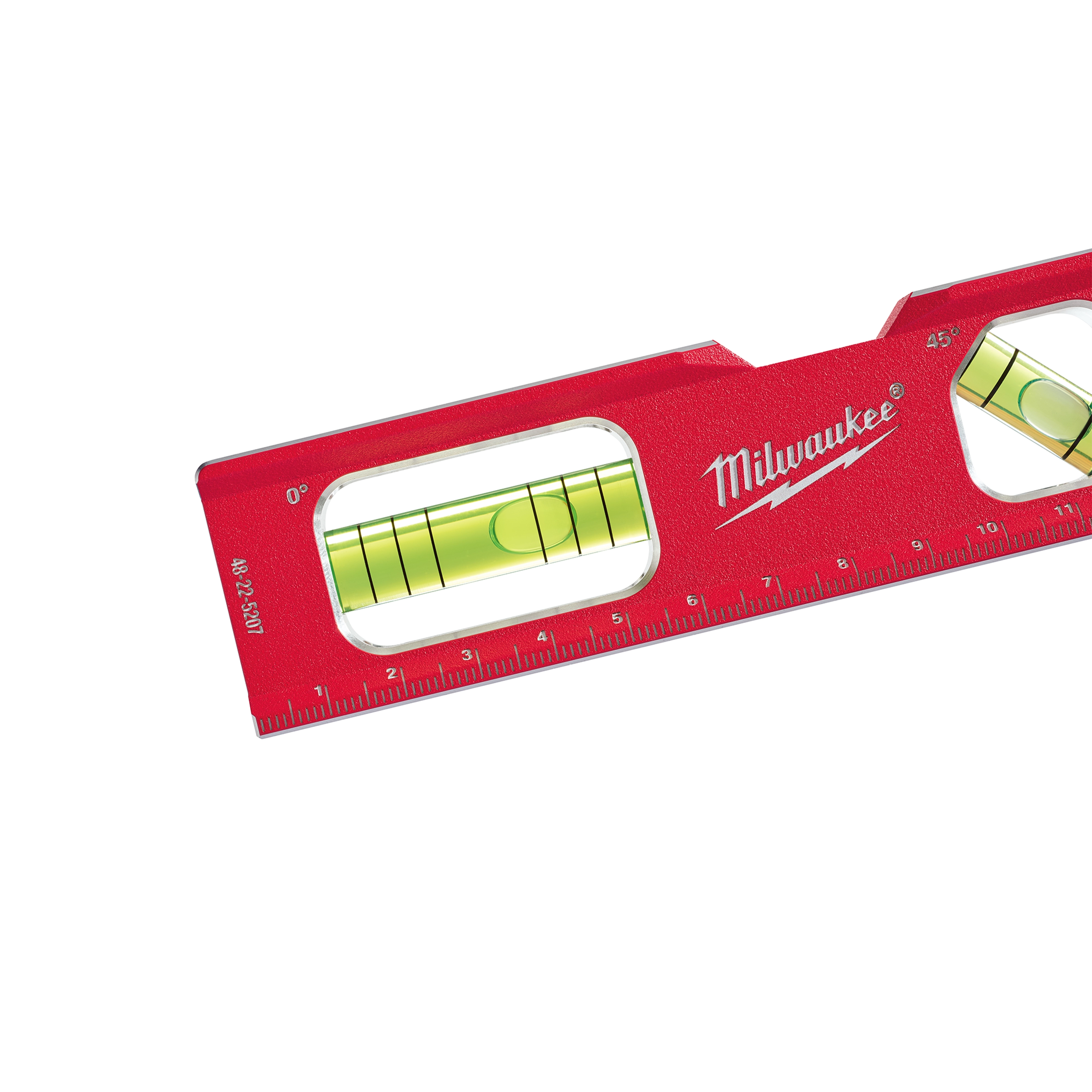 The Metric Compact Billet Torpedo Level features a bright red body with a built-in ruler and two bubble vials for accurate leveling.