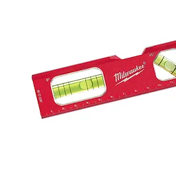 The Metric Compact Billet Torpedo Level features a bright red body with a built-in ruler and two bubble vials for accurate leveling.