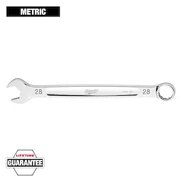 This image features a 28mm Milwaukee metric combination wrench with an open-ended and a box-ended side, accompanied by a "Lifetime Guarantee" badge. The word "METRIC" is displayed at the top left.