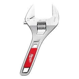 6" Wide Jaw Adjustable Wrench with a metal body, scale markings, and a red grip handle on a plain background.