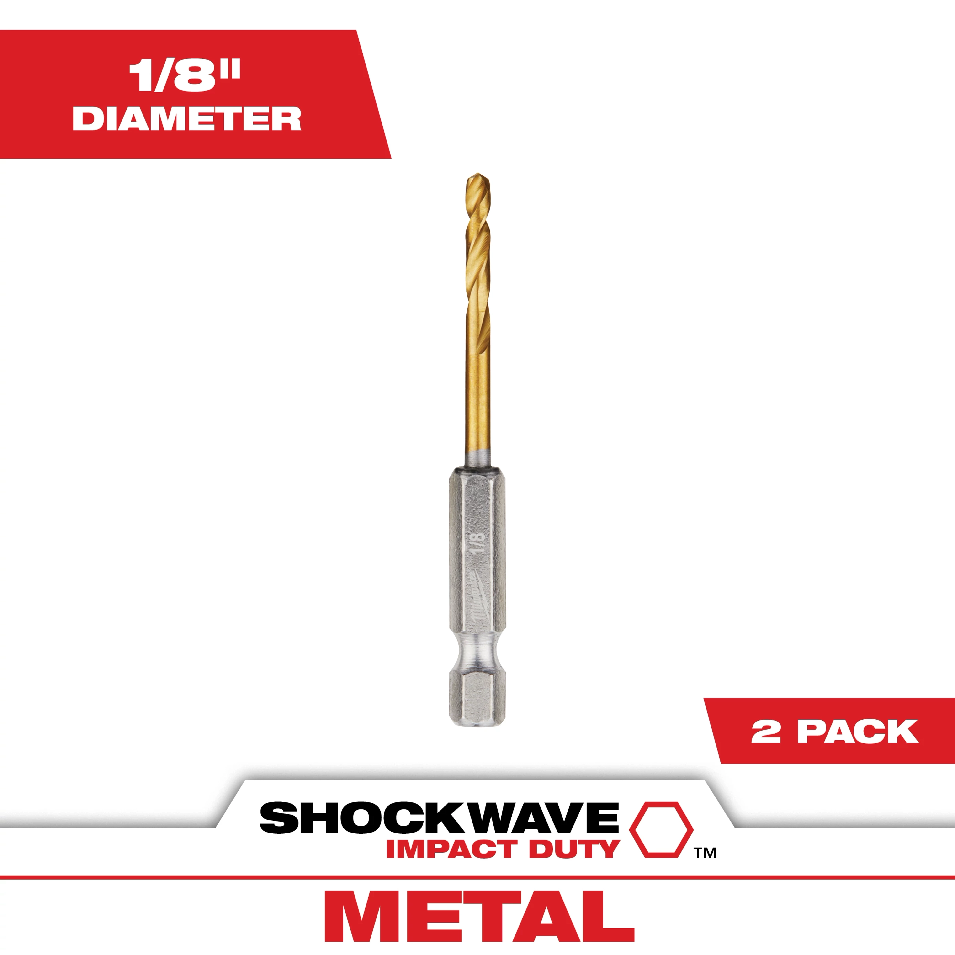 Shockwave 1/8 in. Titanium Twist Drill Bit (2-Pack) designed for metal drilling. The bit features a titanium coating for durability and includes a hex shank for secure grip in impact drivers. Benefits include efficient cutting performance and long-lasting usage, specifically crafted for impact duty applications.