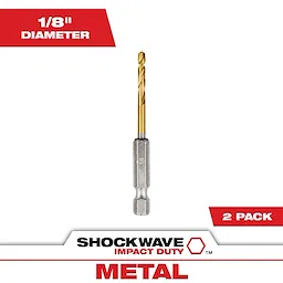 Shockwave 1/8 in. Titanium Twist Drill Bit (2-Pack) designed for metal drilling. The bit features a titanium coating for durability and includes a hex shank for secure grip in impact drivers. Benefits include efficient cutting performance and long-lasting usage, specifically crafted for impact duty applications.