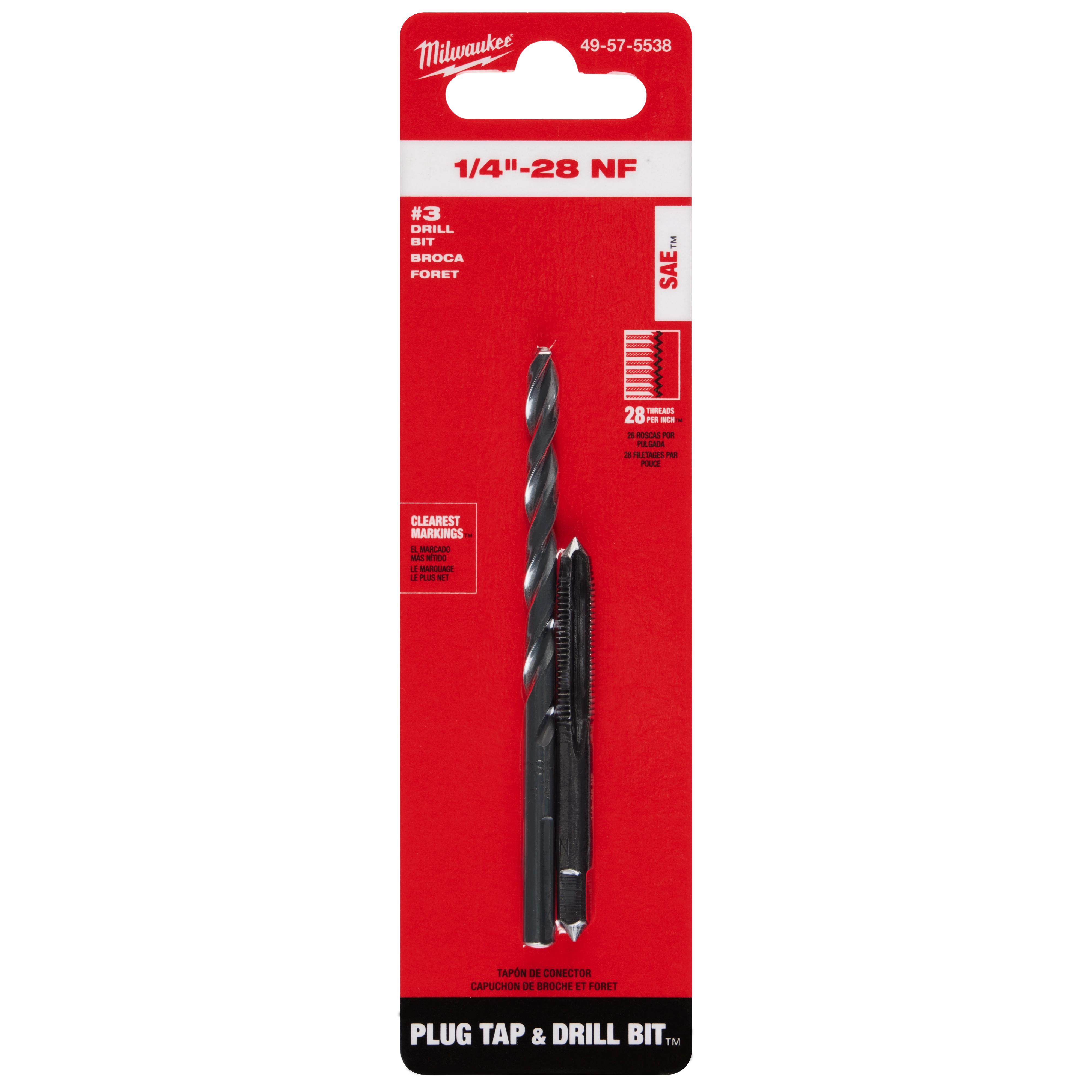 1/4"-28 NF Straight Flute Plug Tap & #3 Drill Bit set in red packaging, featuring high-speed steel tools suitable for precise cutting.