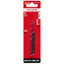 1/4"-28 NF Straight Flute Plug Tap & #3 Drill Bit set in red packaging, featuring high-speed steel tools suitable for precise cutting.