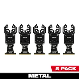 Five MILWAUKEE OPEN-LOK 1-3/8" Carbide Teeth Metal Multi-Tool Blades displayed in a row. Packaging indicates a 5-pack.