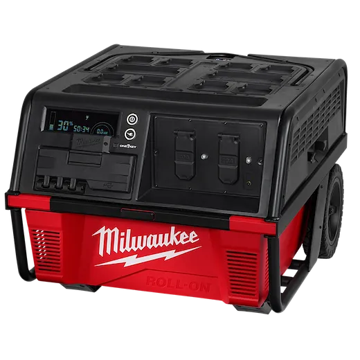 Milwaukee ROLL-ON™ 7200W/3600W 6.0kWh Power Supply is a red and black portable generator with digital display and multiple outlets. The unit has wheels and a sturdy handle for mobility. The Milwaukee logo is prominently displayed on the front of the generator.