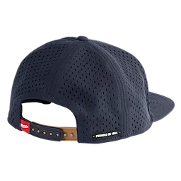 Flat Brim Snapback hat featuring a dark blue, perforated design for breathability and an adjustable strap with a red logo tag.