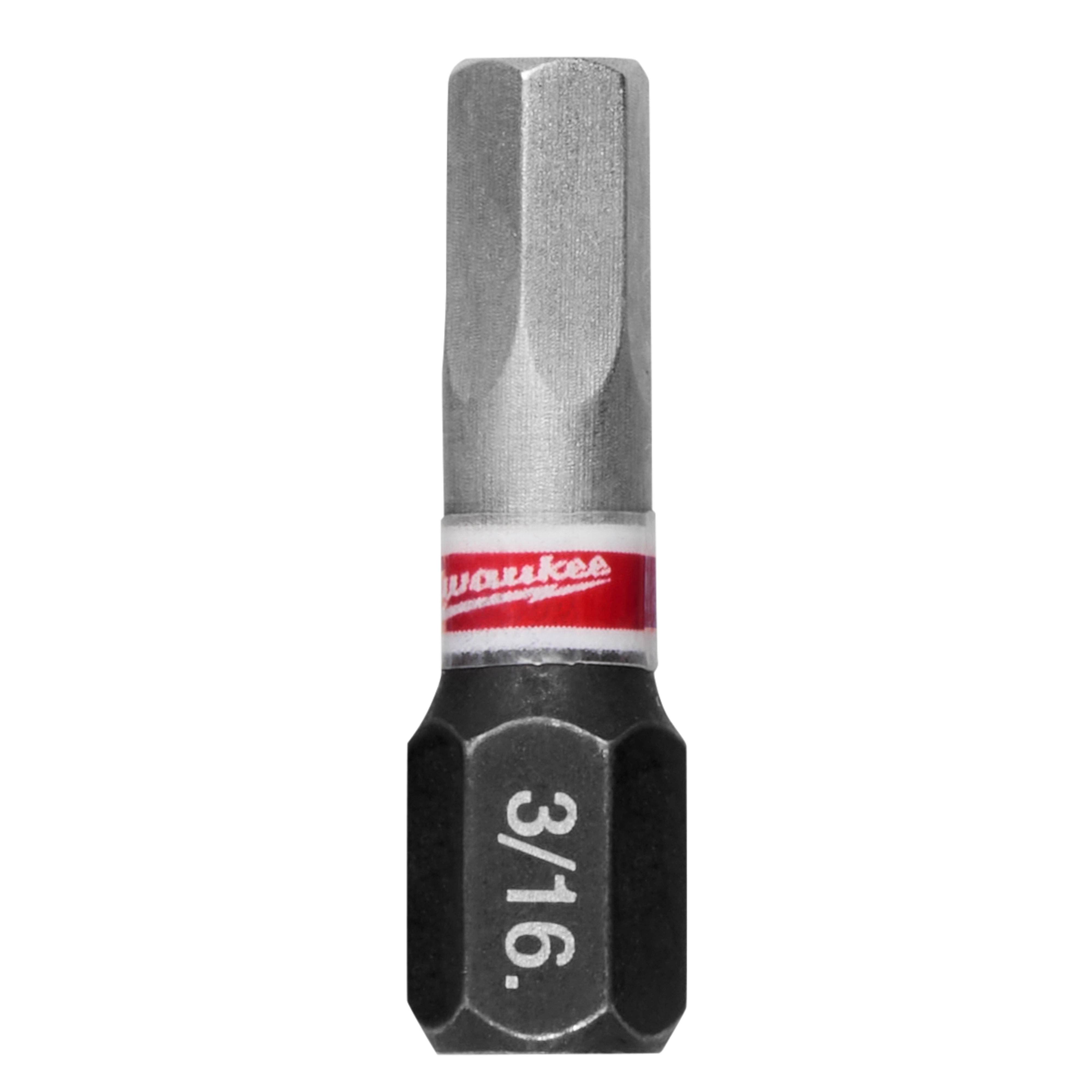 The image shows a SHOCKWAVE™ 1" Impact Duty Hex 3/16" Insert Bit Bulk 25. The bit has a hexagonal black base marked "3/16" and a metallic top with a red and white Milwaukee label.
