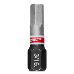 The image shows a SHOCKWAVE™ 1" Impact Duty Hex 3/16" Insert Bit Bulk 25. The bit has a hexagonal black base marked "3/16" and a metallic top with a red and white Milwaukee label.