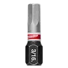 The image shows a SHOCKWAVE™ 1" Impact Duty Hex 3/16" Insert Bit Bulk 25. The bit has a hexagonal black base marked "3/16" and a metallic top with a red and white Milwaukee label.