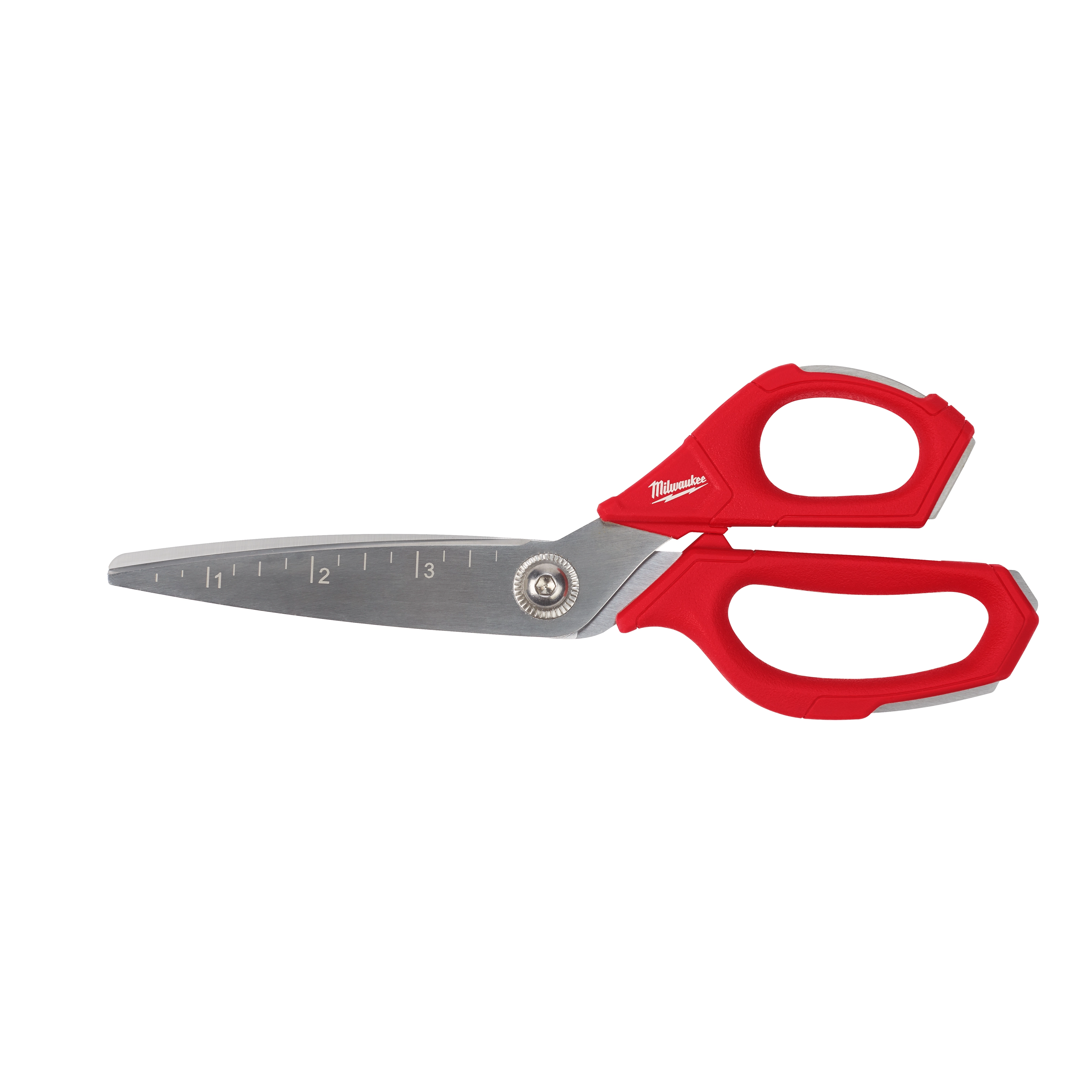 Offset Jobsite Scissors with red ergonomic handles and stainless steel blades featuring inch marks for measurement. The blades are secured with a pivot screw, and the handles incorporate a comfortable grip suitable for heavy-duty cutting tasks.
